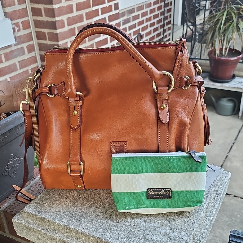 Brown Leather Handbag with Green and White Pouch
